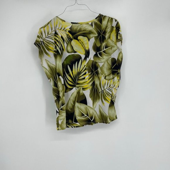 Laura Green and Yellow Botanical Leaf print flutter sleeve blouse keyhole neck S - Picture 10 of 12